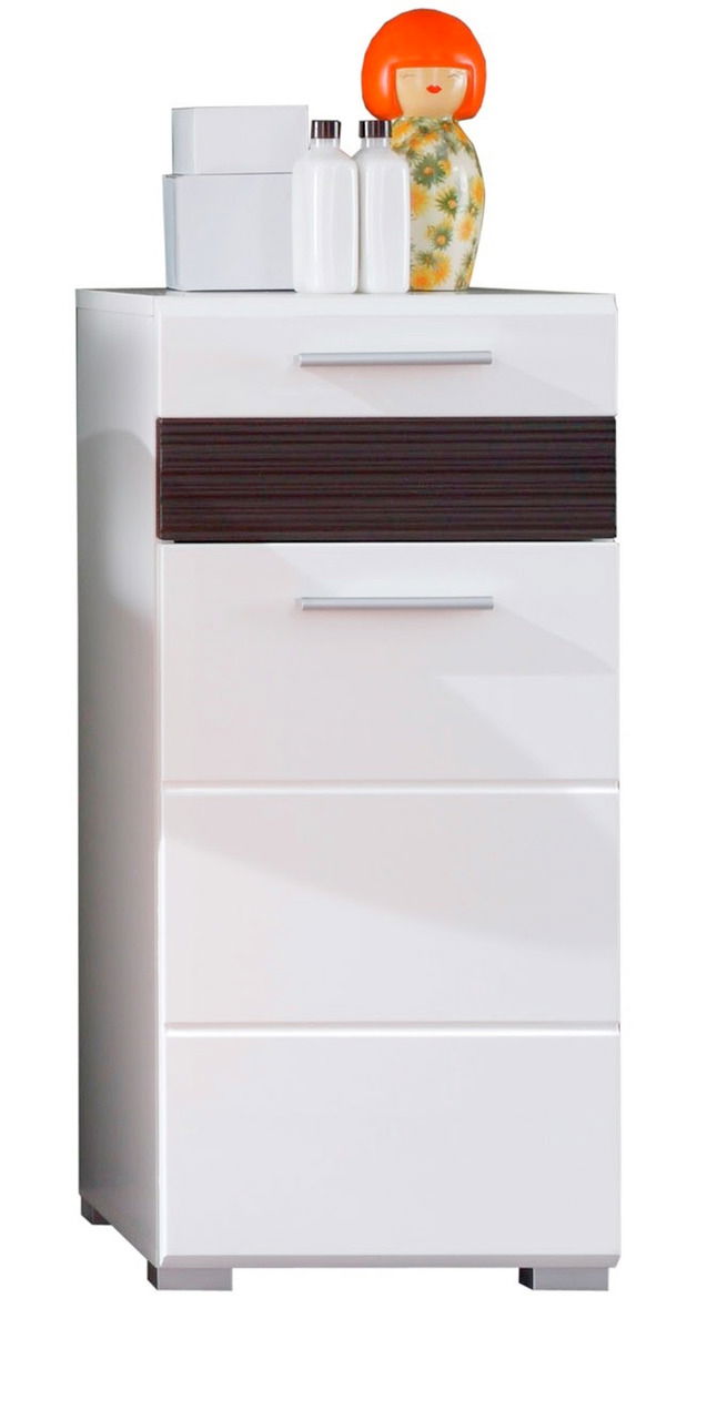 Moderner weißer Unterschrank mit drei Schubladen, frontal abgebildet. Dekorative Elemente auf der Oberseite.