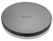 Runde, graue Schüsselabdeckung mit GEFU-Logo, von oben betrachtet.