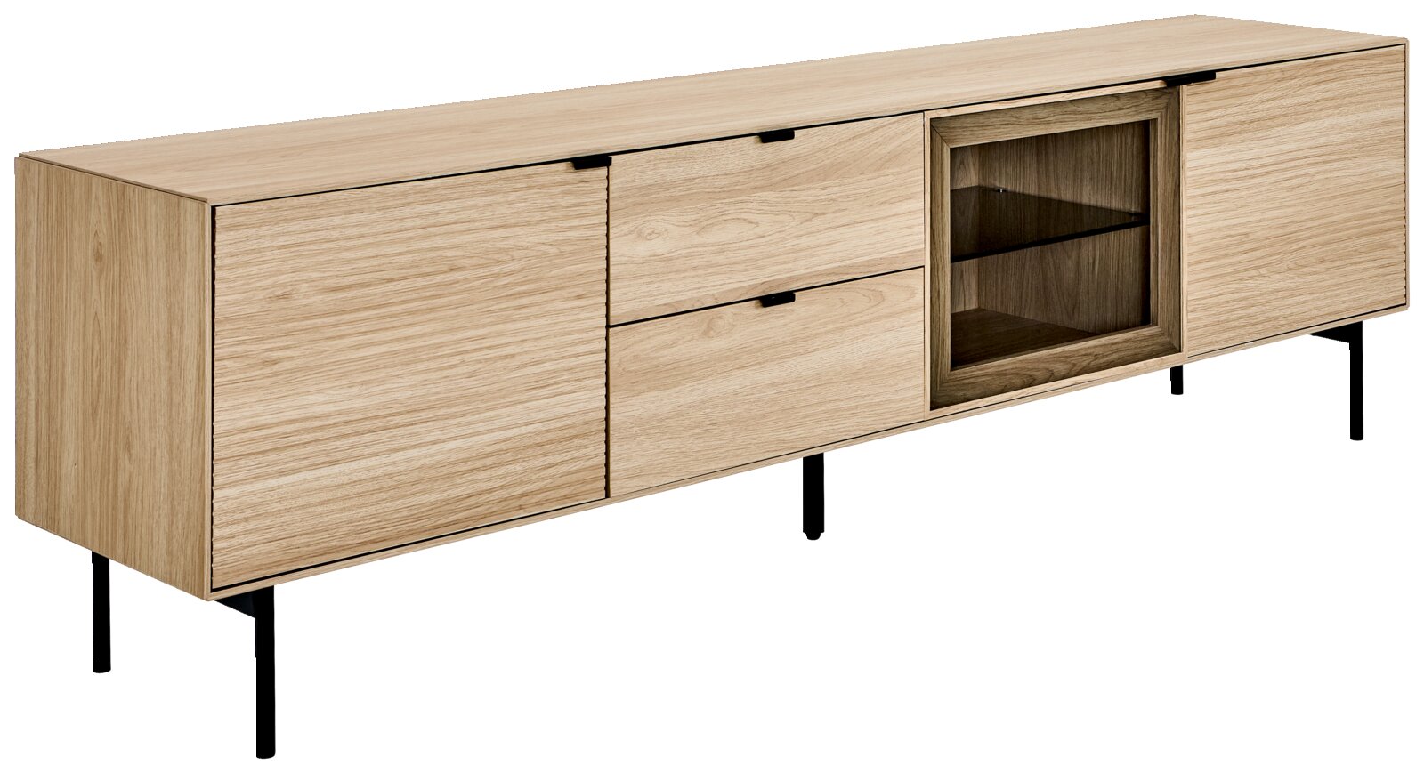 XORA TV-Lowboard BORA Modernes Sideboard aus hellem Holz mit schwarzen Metallbeinen, zwei Schubladen, geschlossenen Fächern und offenem Regalfach, schräg von vorne rechts fotografiert