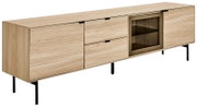 Modernes Sideboard aus hellem Holz mit schwarzen Metallbeinen, zwei Schubladen, geschlossenen Fächern und offenem Regalfach, schräg von vorne rechts fotografiert