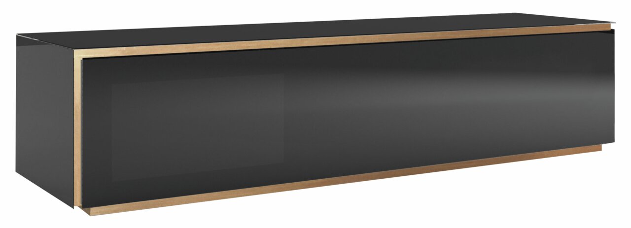 Schwarzes TV-Lowboard mit goldenen Akzenten, seitliche Perspektive