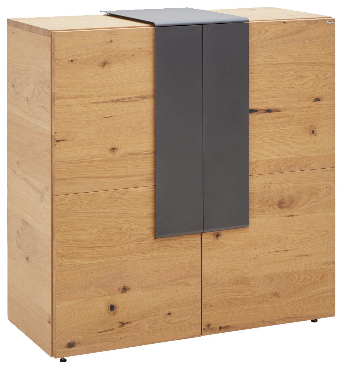 Moderner Schuhschrank aus Holz mit grauem Akzent, frontale Perspektive