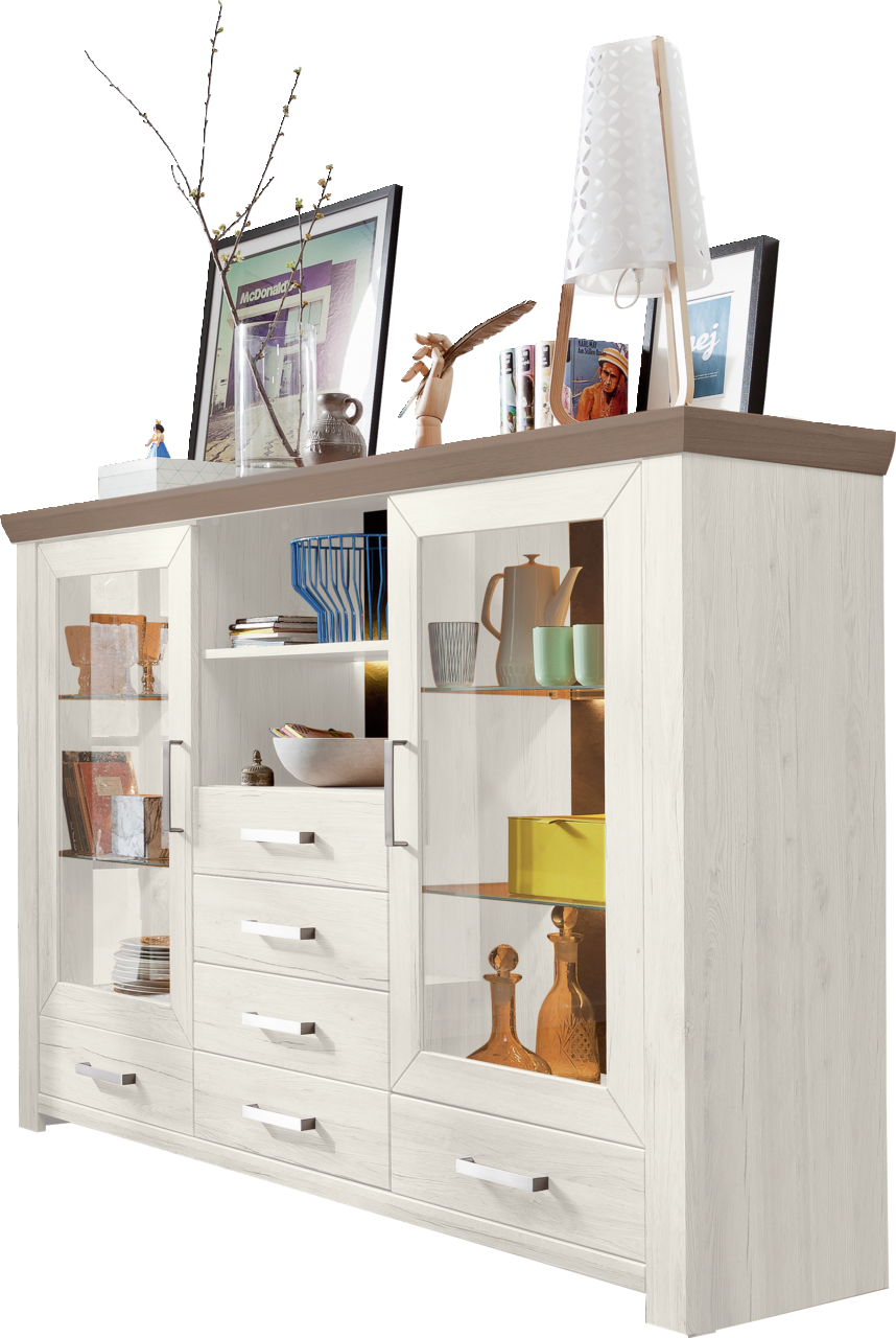 Helles Highboard mit Glastüren und Schubladen, dekoriert mit Vasen, Büchern und Bildern, seitliche Perspektive