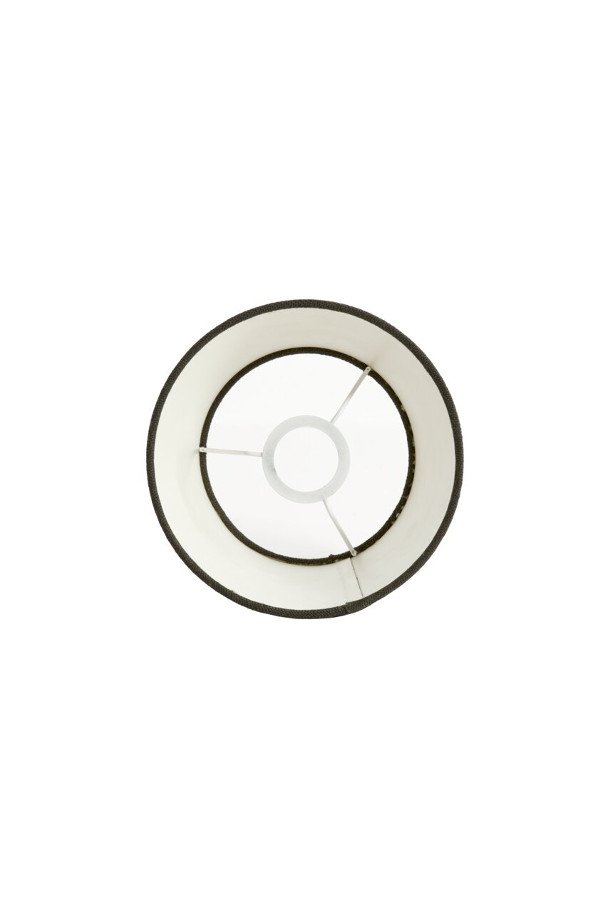 Runder Lampenschirm von oben betrachtet, mit weißem Innenfutter und schwarzem Rand.