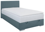 Boxbett 120 in seitlicher Perspektive, mit grauem Stoffbezug und weißer Matratze.