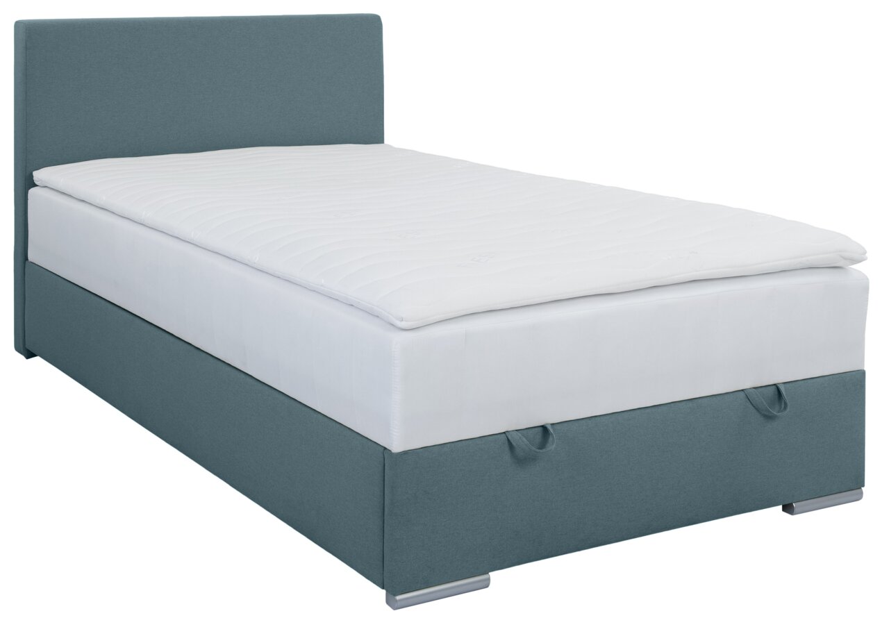Boxbett 120 in seitlicher Perspektive, mit grauem Stoffbezug und weißer Matratze.