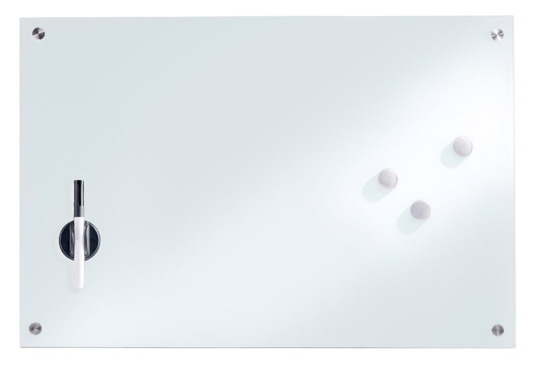 Glas-Memoboard mit drei Magneten und einem Stift, frontal betrachtet