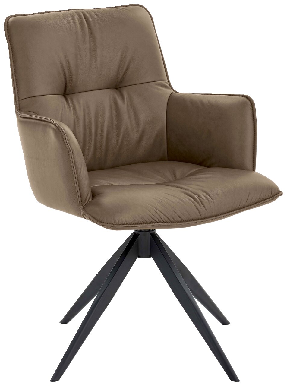 Moderner Design-Schalensessel in braunem Leder mit schwarzem Metallgestell, seitliche Perspektive