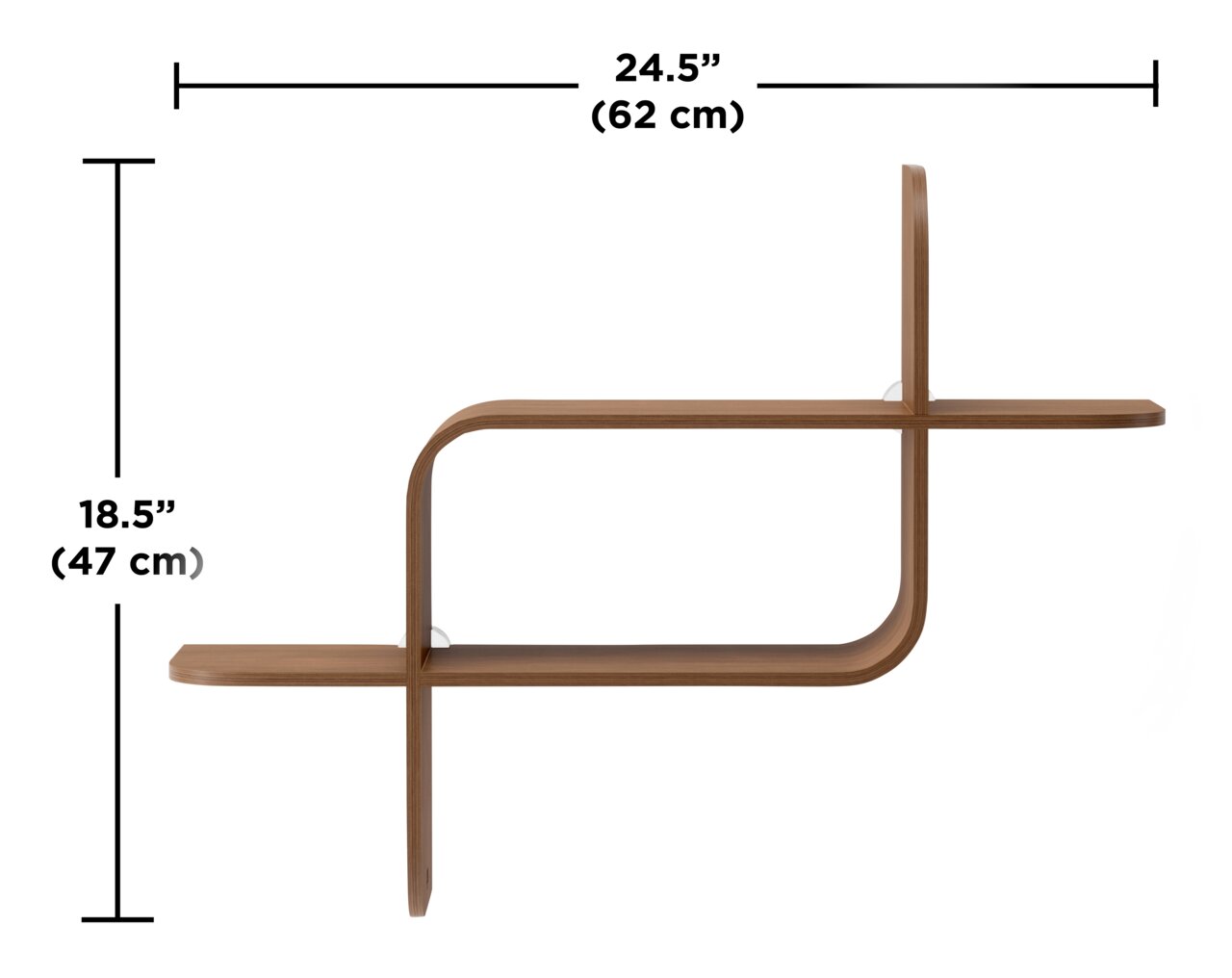 Modernes Wandregal aus Holz mit geschwungenem Design, seitliche Perspektive