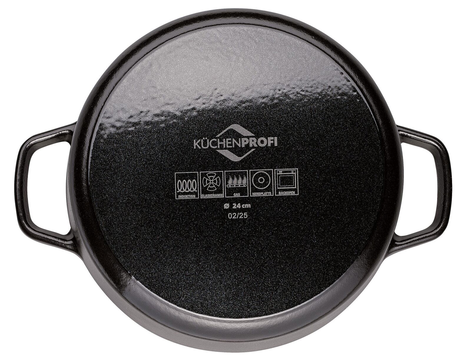 Runder Guss-Bräter mit 24 cm Durchmesser, Ansicht von unten mit zwei Griffen und KüCHENPROFI-Logo.
