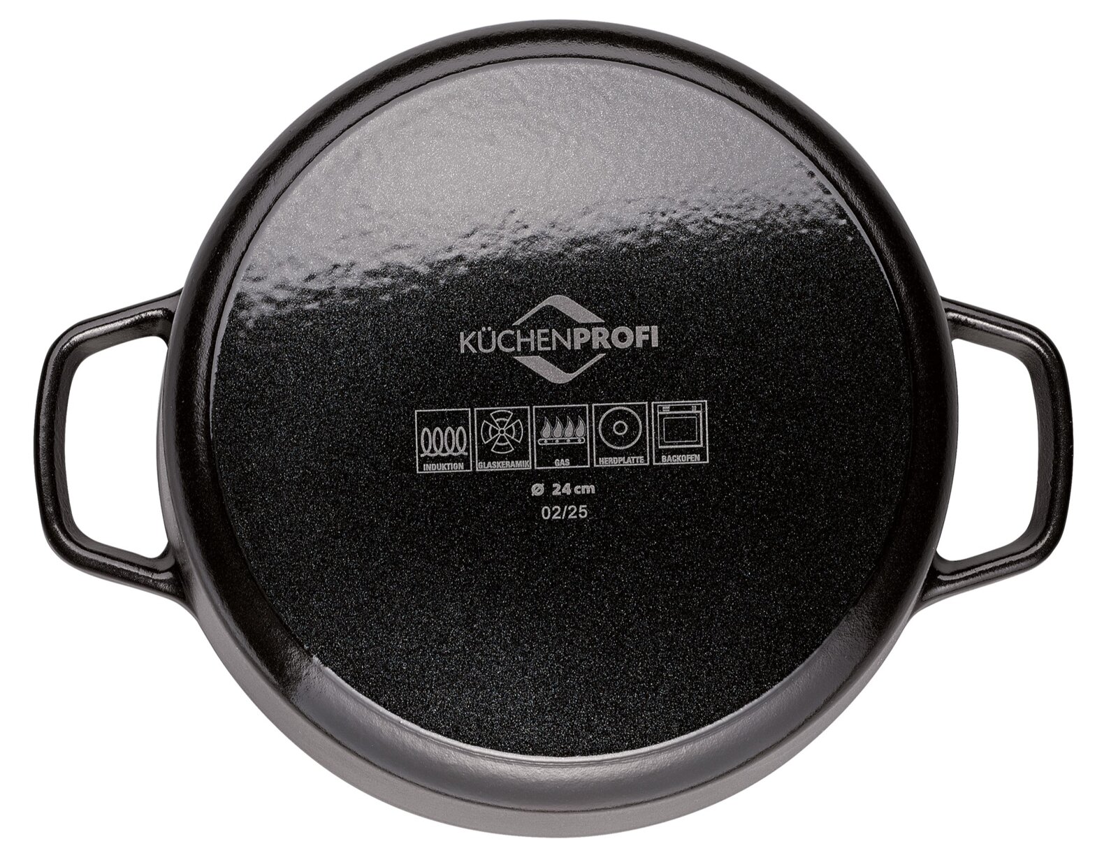 Ronde gietijzeren braadpan met een diameter van 24 cm, onderaanzicht met twee handgrepen en het KüCHENPROFI-logo.