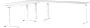 Moderner weißer Eckschreibtisch mit höhenverstellbaren Beinen, seitliche Perspektive