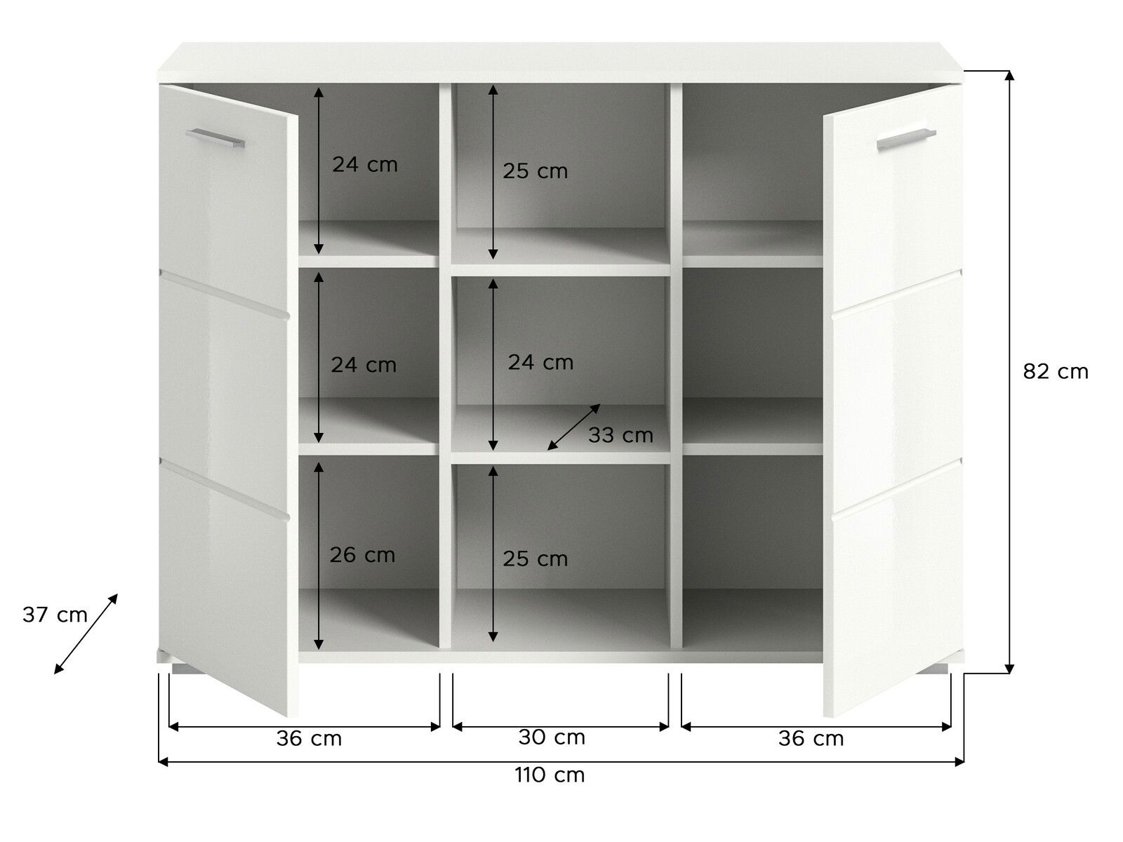 Weiße Kommode mit zwei geöffneten Türen, neun Fächern und den Maßen 82 cm Höhe, 110 cm Breite und 37 cm Tiefe, frontal betrachtet.