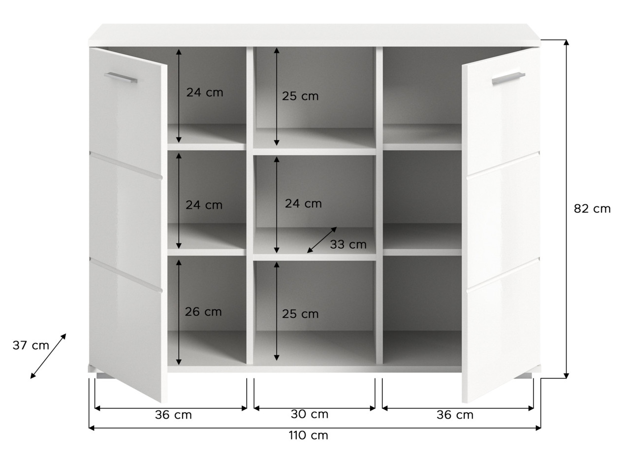 Weiße Kommode mit zwei geöffneten Türen, neun Fächern und den Maßen 82 cm Höhe, 110 cm Breite und 37 cm Tiefe, frontal betrachtet.