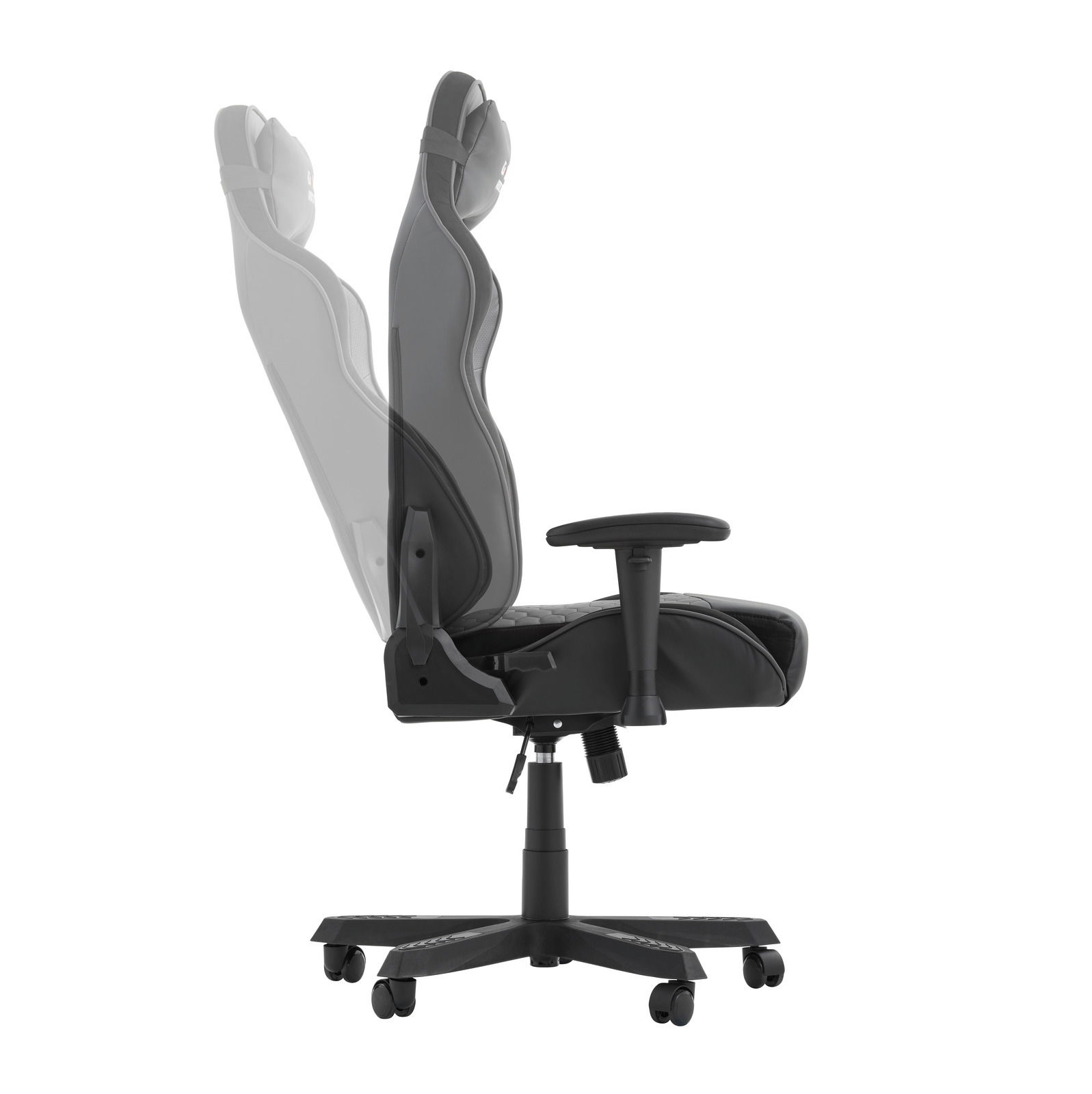 Seitliche Ansicht eines verstellbaren Gaming Stuhls mit ergonomischem Design und Rollen.