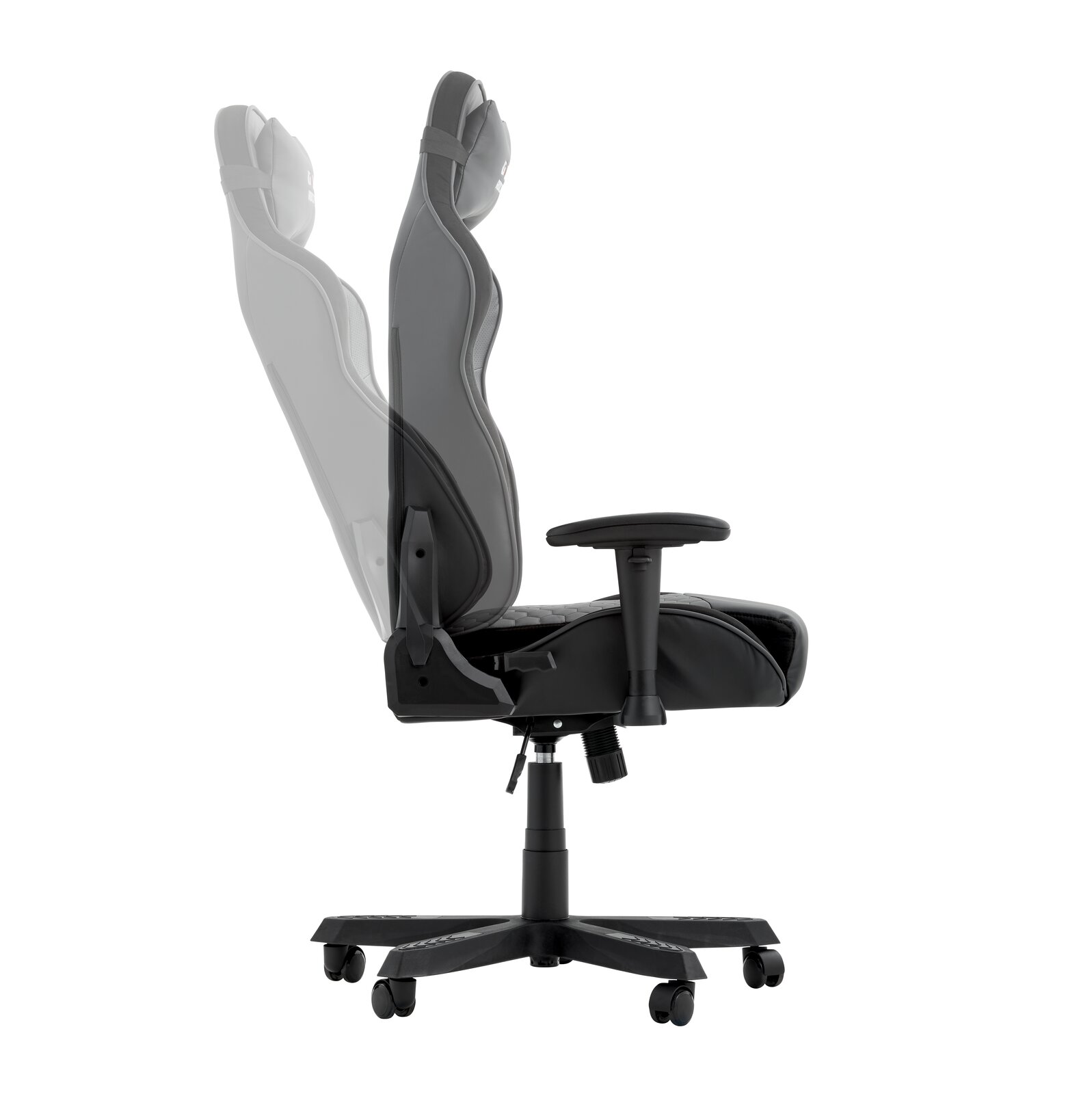Seitliche Ansicht eines verstellbaren Gaming Stuhls mit ergonomischem Design und Rollen.