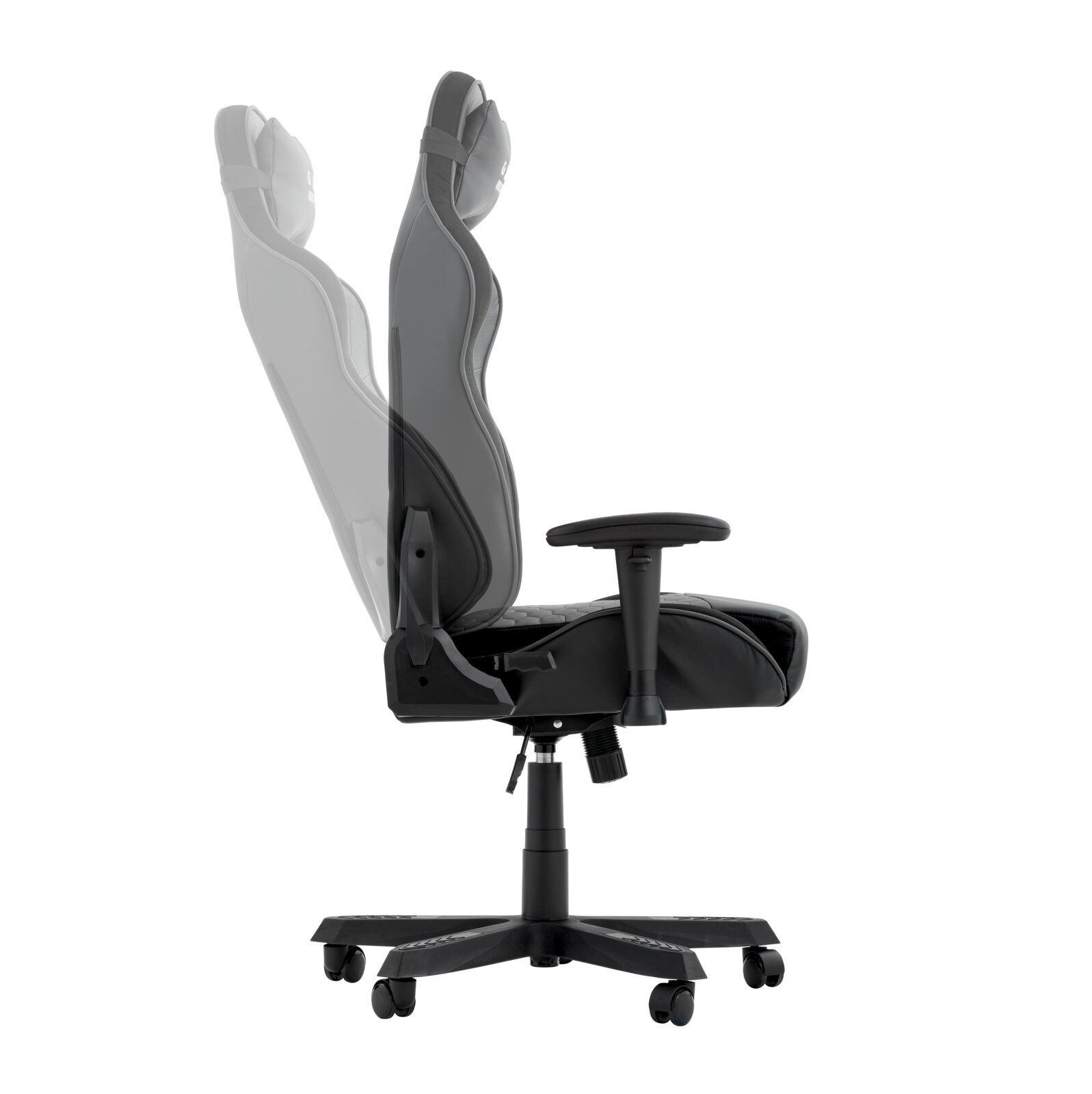 Zijaanzicht van een verstelbare gamingstoel met een ergonomisch ontwerp en wieltjes.