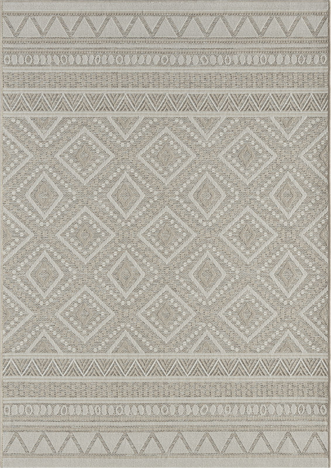 Teppich mit geometrischem Muster in Beige- und Grautönen, Draufsicht