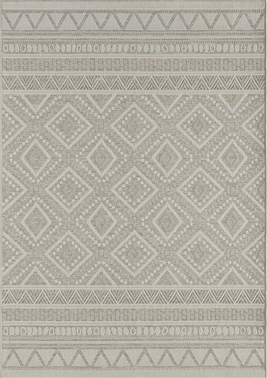 Teppich mit geometrischem Muster in Beige- und Grautönen, Draufsicht