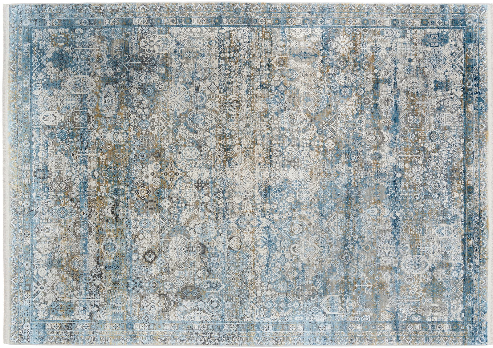 Designer Teppich mit komplexem Muster in Blau- und Beigetönen, Draufsicht