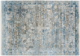 Designer Teppich mit komplexem Muster in Blau- und Beigetönen, Draufsicht