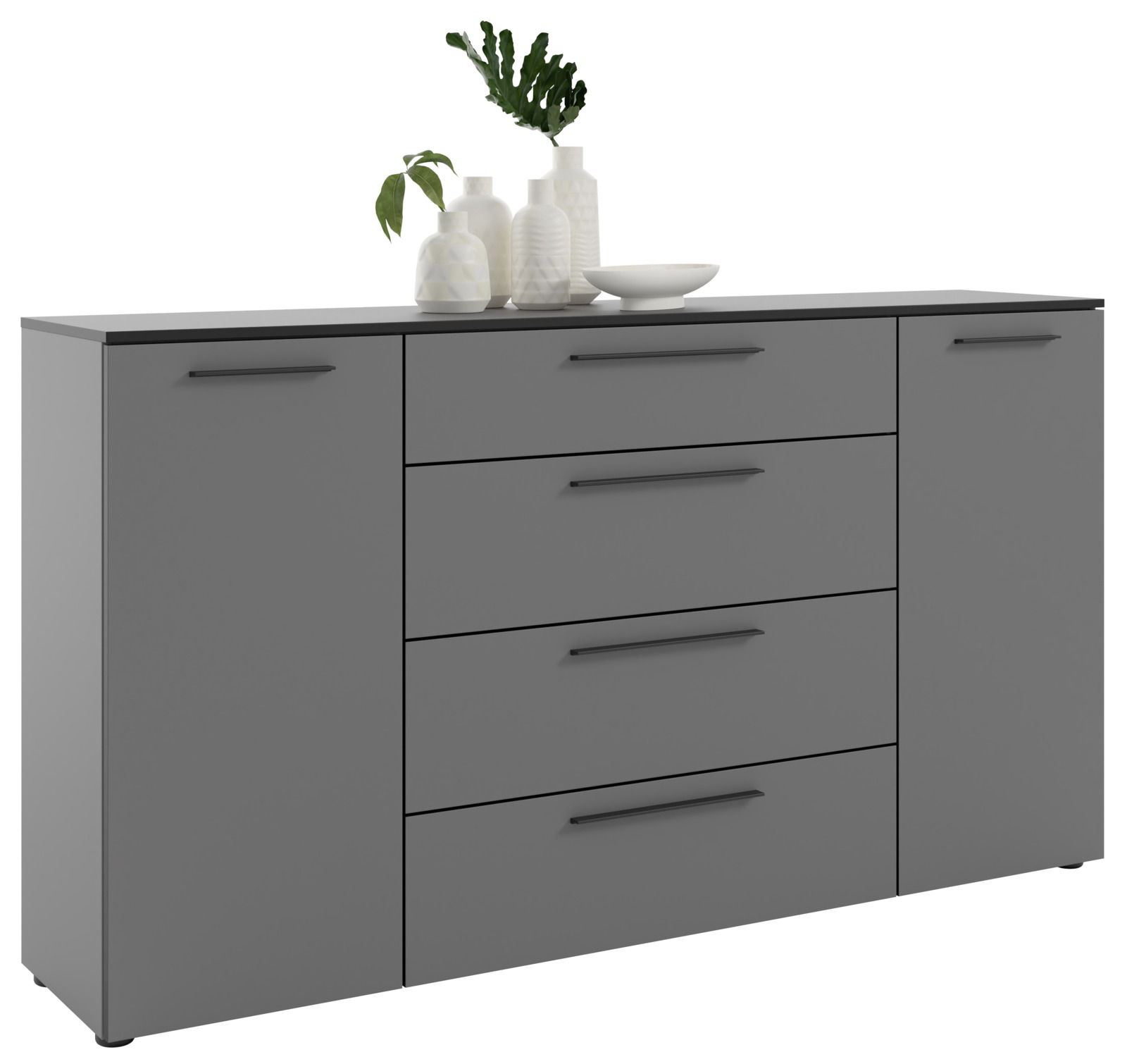 Graues XL-Sideboard mit vier Schubladen und zwei Türen, dekoriert mit weißen Vasen und einer Pflanze, seitliche Perspektive