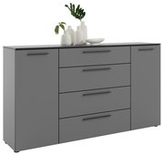 Graues XL-Sideboard mit vier Schubladen und zwei Türen, dekoriert mit weißen Vasen und einer Pflanze, seitliche Perspektive