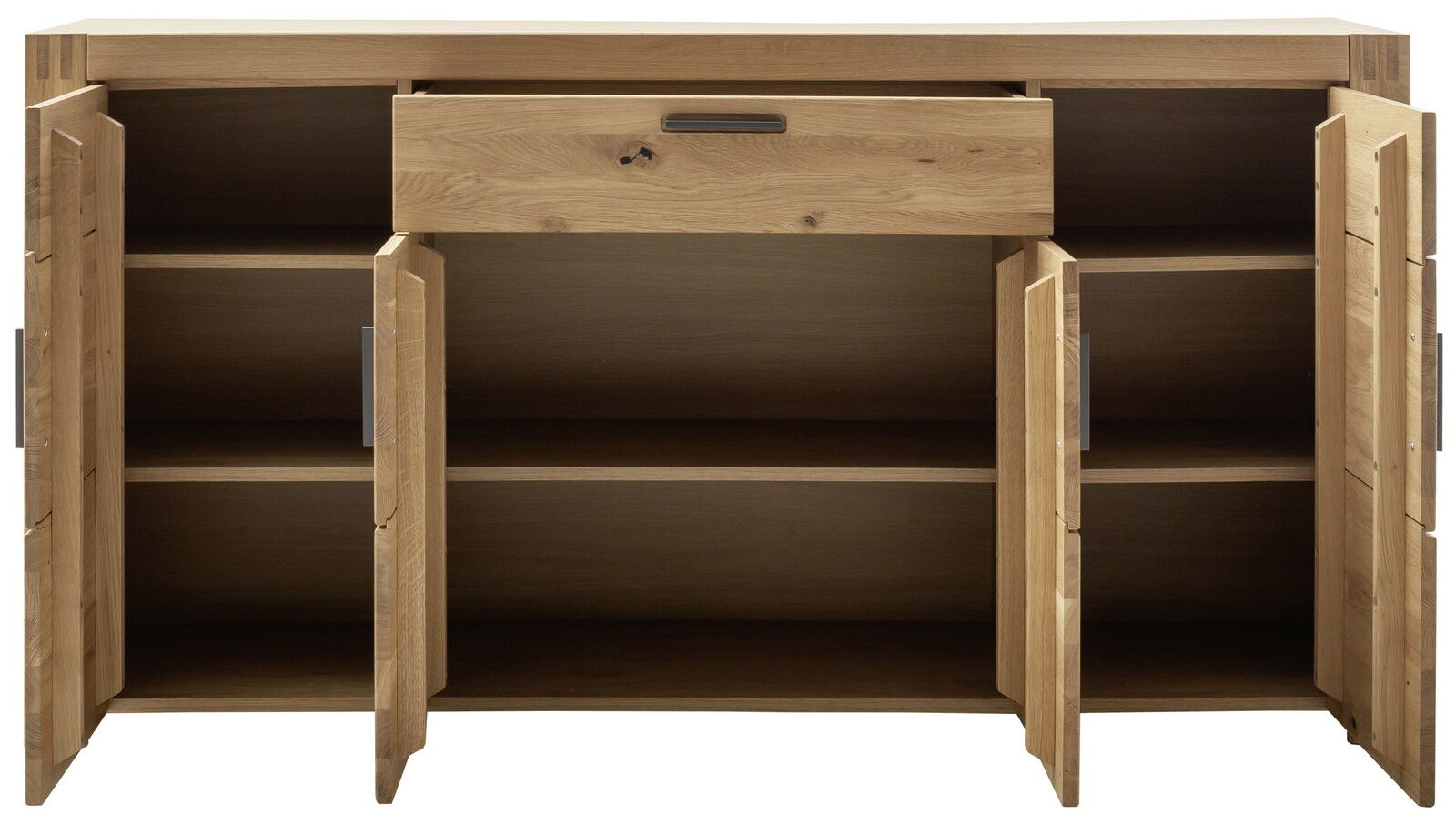 Frontale Ansicht eines Sideboards aus Holz mit offenen Türen und Schublade, zeigt geräumigen Stauraum.
