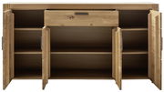 Frontale Ansicht eines Sideboards aus Holz mit offenen Türen und Schublade, zeigt geräumigen Stauraum.