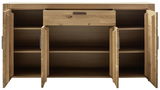 Frontale Ansicht eines Sideboards aus Holz mit offenen Türen und Schublade, zeigt geräumigen Stauraum.