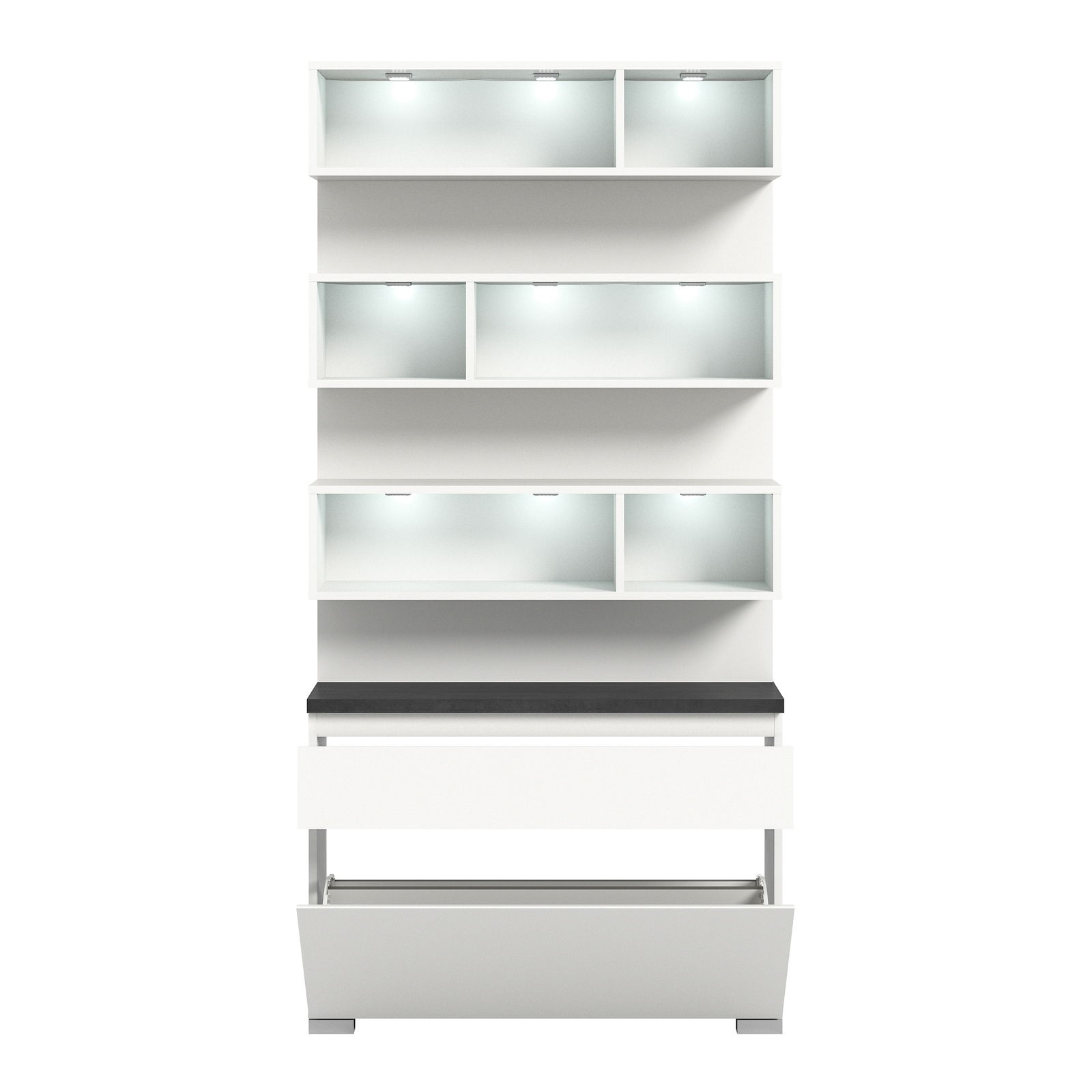 Moderner weißer Schuhschrank mit mehreren offenen Fächern und Schubladen, frontal betrachtet.