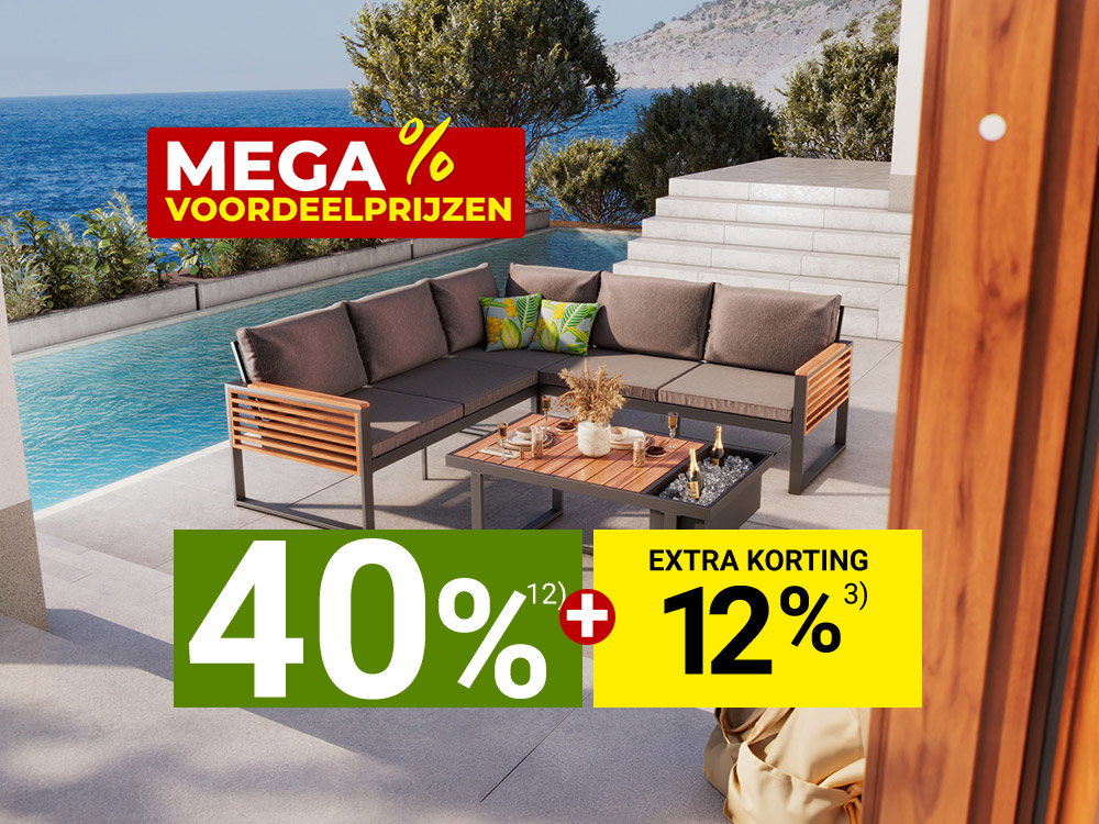 Loungeset op terras met zeezicht, zwembad en mega spaarprijzen-actie in moderne vakantiesfeer.