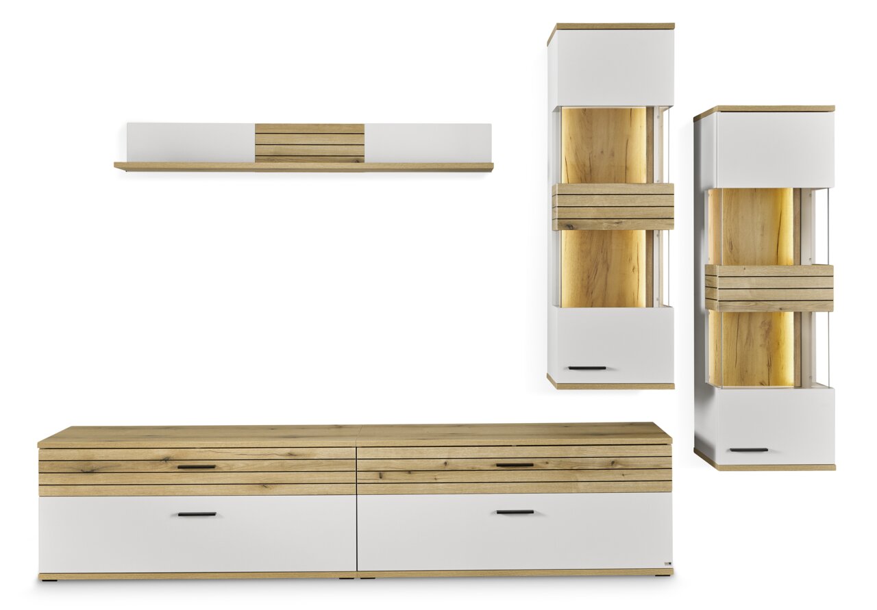 Set one by Musterring Hangvitrine SET ONE QUINCY Moderne hangkastcombinatie in houtlook en wit, bestaande uit twee vitrinekasten en een plank, hier afgebeeld in vooraanzicht.
