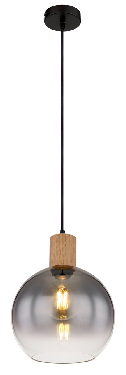 Globo Lighting Hanglamp MOITAS Moderne Hängeleuchte mit rauchgrauem Glasschirm und Holzelement, seitliche Perspektive