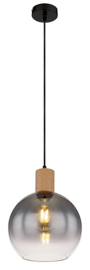Moderne Hängeleuchte mit rauchgrauem Glasschirm und Holzelement, seitliche Perspektive