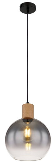 Moderne Hängeleuchte mit rauchgrauem Glasschirm und Holzelement, seitliche Perspektive