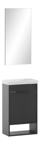 Modernes Gästebad-Set bestehend aus einem rechteckigen Spiegel und einem Waschbeckenunterschrank in dunklem Design, frontal abgebildet.