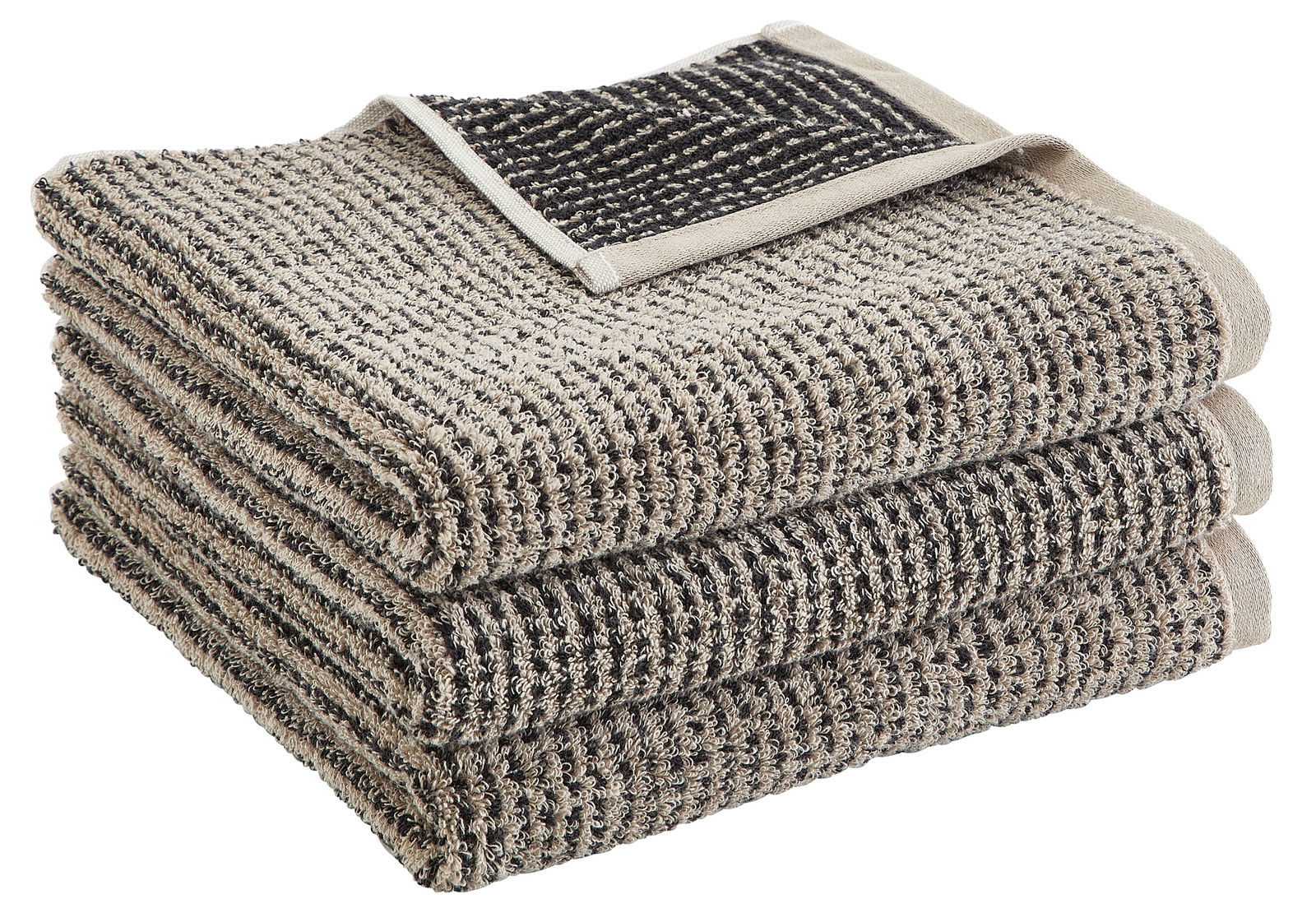 Gestapeltes Handtuchset in beige und schwarz, seitliche Perspektive