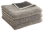 Gestapeltes Handtuchset in beige und schwarz, seitliche Perspektive