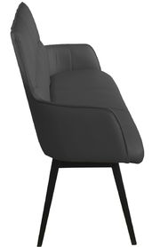 Seitenansicht einer modernen, schwarzen Bank mit gepolsterter Rückenlehne und Sitzfläche auf schlanken, schwarzen Beinen.