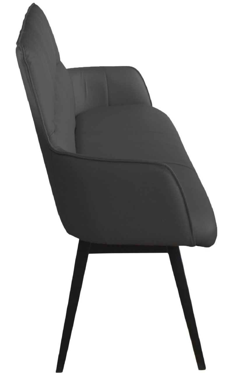 Zijaanzicht van een moderne, zwarte bank met een gestoffeerde rugleuning en zitting op slanke, zwarte poten.