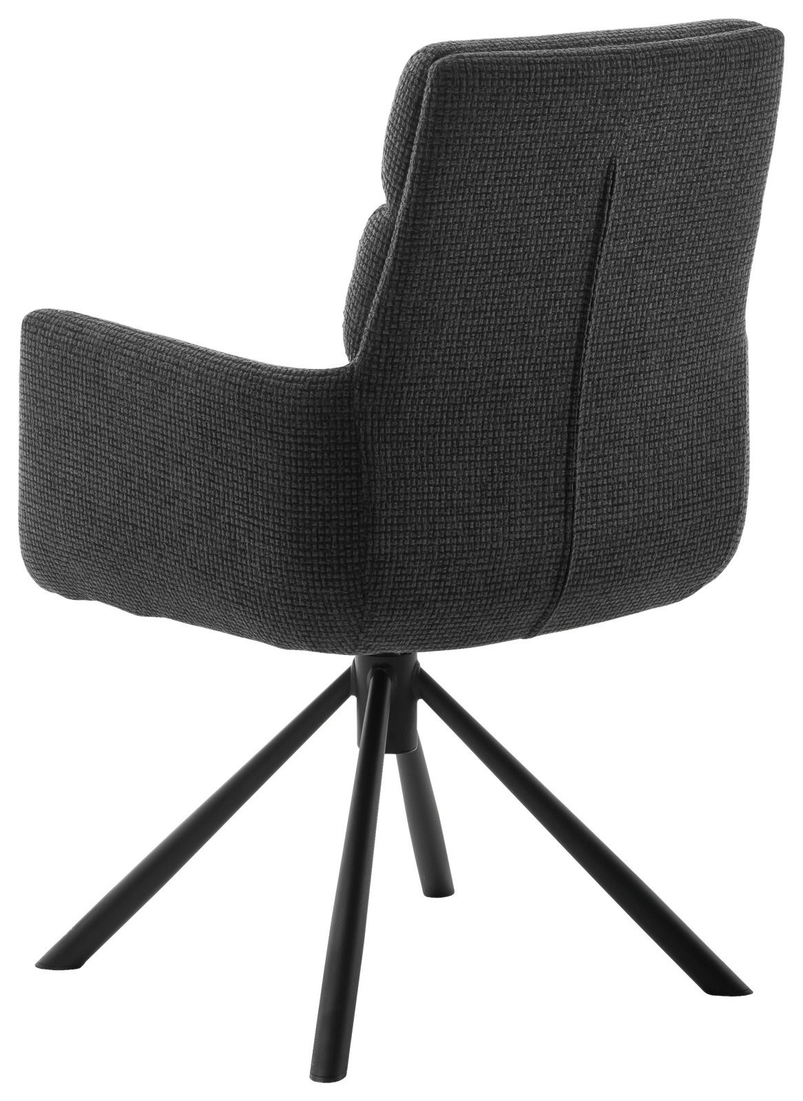 Rückansicht eines modernen Armlehnstuhls mit schwarzem Stoffbezug und Metallbeinen