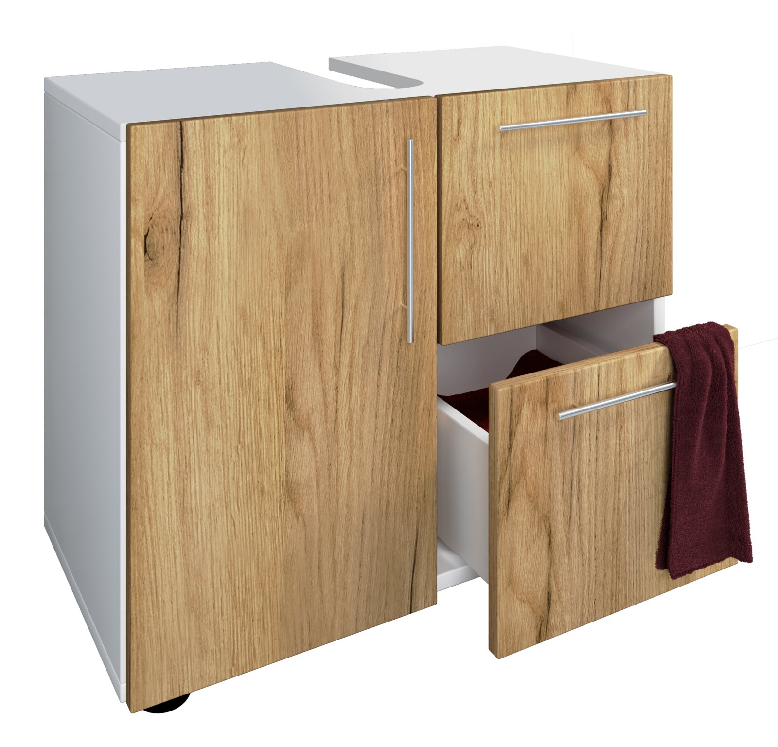 VCM Badunterschrank FLANDU Waschbecken-Unterschrank in Weiß mit Holzoptik-Fronten und Metallgriffen, mit Tür und zwei Schubladen (eine geöffnet), perspektivische Ansicht von vorne rechts