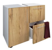 Waschbecken-Unterschrank in Weiß mit Holzoptik-Fronten und Metallgriffen, mit Tür und zwei Schubladen (eine geöffnet), perspektivische Ansicht von vorne rechts