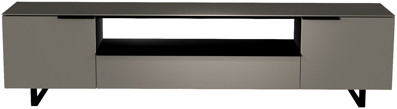 Frontansicht eines modernen XL TV-Lowboards der Serie BORMIO mit zwei Türen und einem offenen Fach in der Mitte, in elegantem Design.