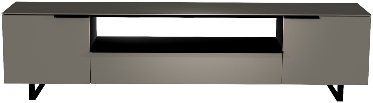 Frontansicht eines modernen XL TV-Lowboards der Serie BORMIO mit zwei Türen und einem offenen Fach in der Mitte, in elegantem Design.