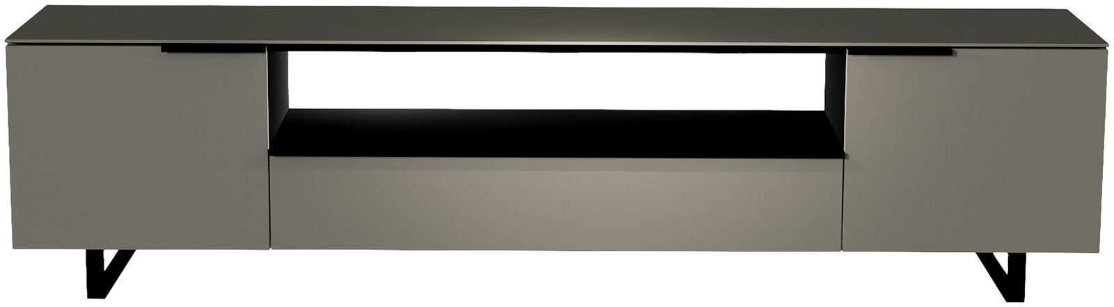 Frontansicht eines modernen XL TV-Lowboards der Serie BORMIO mit zwei Türen und einem offenen Fach in der Mitte, in elegantem Design.