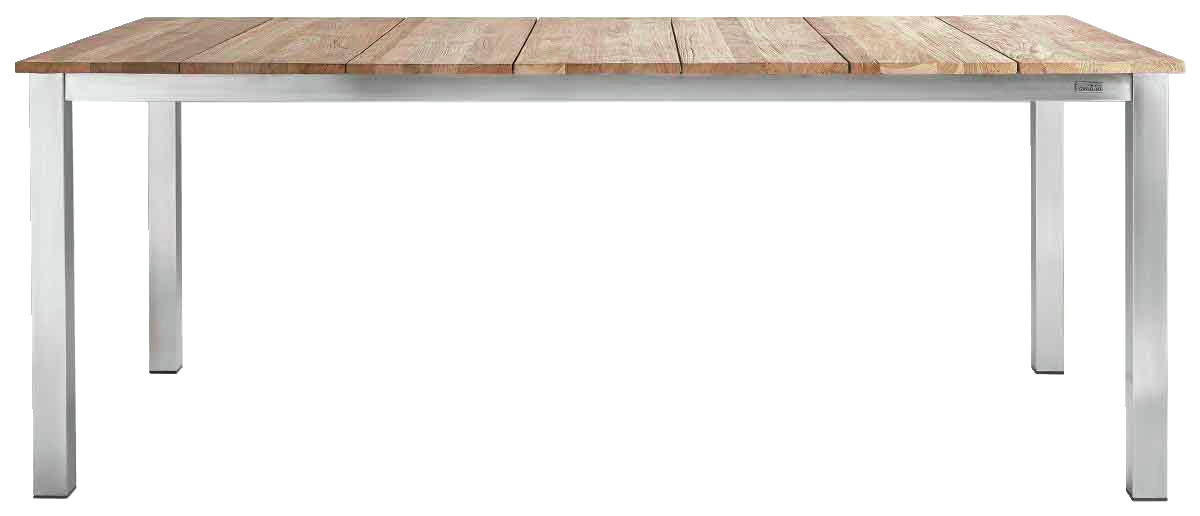 Moderner Gartentisch aus Holz und Metall, frontal fotografiert