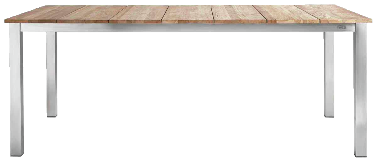 Moderner Gartentisch aus Holz und Metall, frontal fotografiert