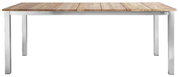 Moderne tuintafel van hout en metaal, van voren gefotografeerd